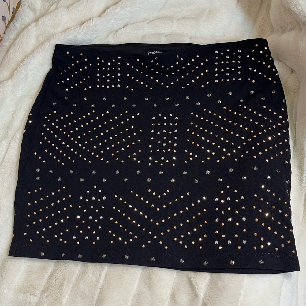 Express S Black Gold Aztec Bandage Mini Skirt Club Stretch Summer Rhinestone